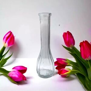 Clear Glass Bud Vase Ribbed Body 9” High